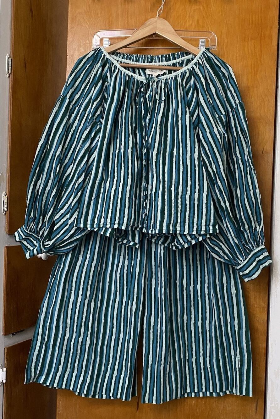 Daughters of India Ria Set Cyan Candy Stripe Peasant Top & Wide-Leg Pants Sz XS